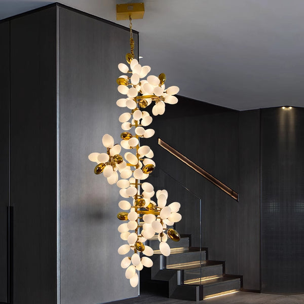 Postmodern light luxury stair lamp All copper glass chandelier Duplex stair magic bean lamp French living room dining room chandelier