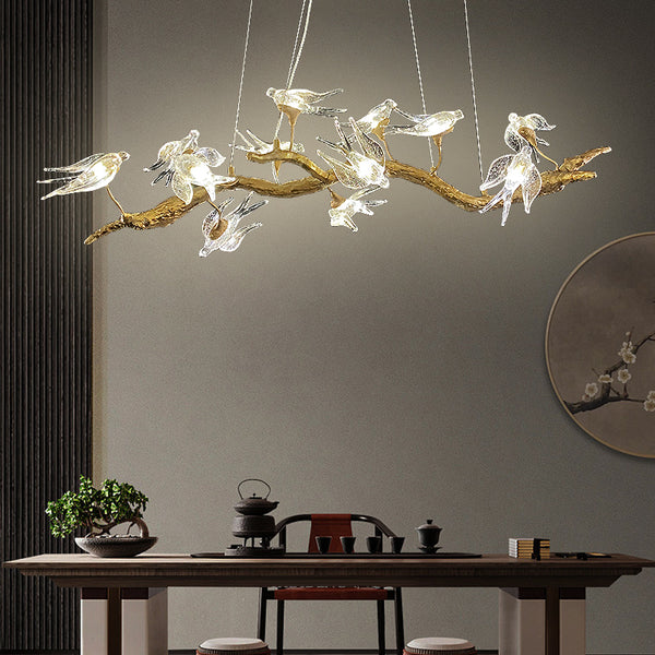 Creative restaurant chandelier study tea room swallow glass all copper light luxury crystal new Chinese zen bird branch lamp