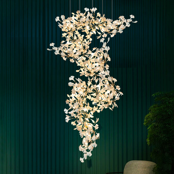 Light Luxury Dining Room Light Villa Empty Duplex Floor Living Room Light Ceramic Ginkgo Biloba Full Copper Loft Apartment Stair Chandelier