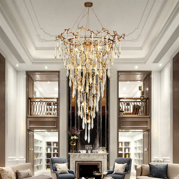 Villa crystal chandelier light luxury living room large chandelier duplex floor hollow rotating staircase light cone light all copper lamps