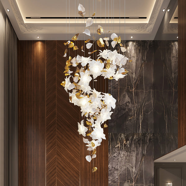 Duplex building hollow staircase lamp villa chandelier high living room lamp crystal lamp art light luxury high-end special-shaped copper lamp