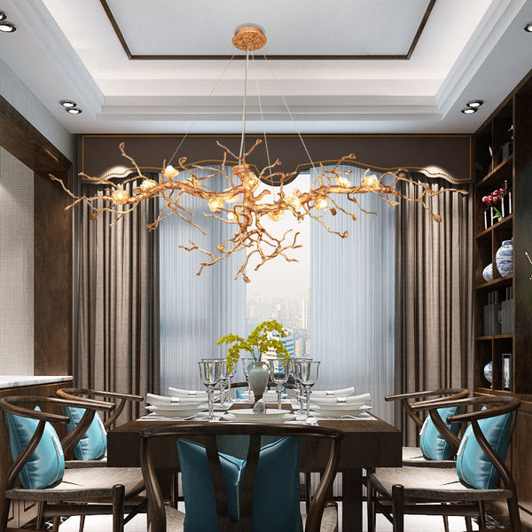 Personalized and creative flowers New Chinese-style villa Duplex building Coffee table lamp Light luxury All copper chandelier Tree branch lamp Living room Dining room