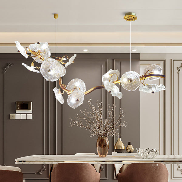 New Chinese chandelier living room dining room light study chandelier zen tea room creative lotus leaf crystal light luxury all copper lamp