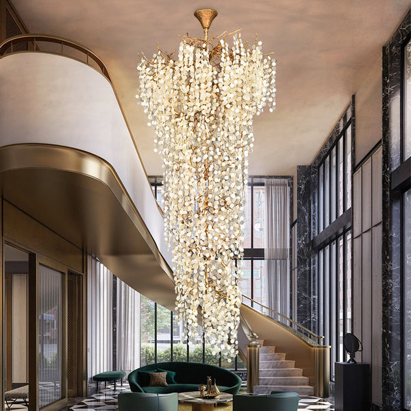 Villa luxury living room crystal chandelier rotating staircase light hollow living room chandelier all copper engineering custom lighting fixtures