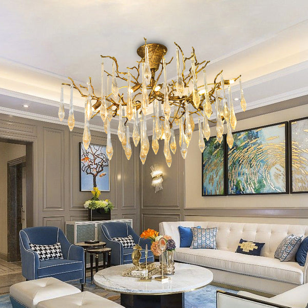 Crystal living room chandelier Modern light luxury dining room lamp Gold powder water drop bedroom crystal lamp Nordic creative all-copper lamp