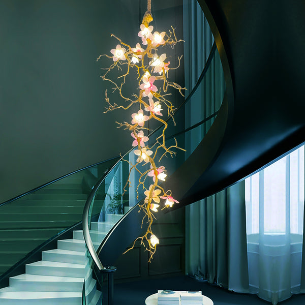 Duplex building chandelier light luxury villa living room crystal headlight LOFT hollow flower long staircase long chandelier