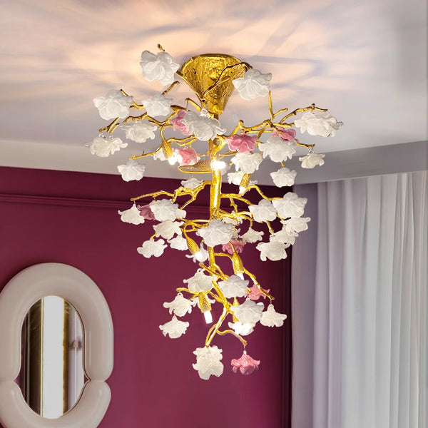 Modern light luxury living room chandelier crystal French villa all copper atmosphere creative dining room light flower art bedroom light