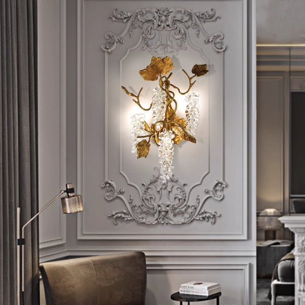 European bedroom crystal wall lamp French living room TV background wall creative grape all copper high-end aisle bedside lamp