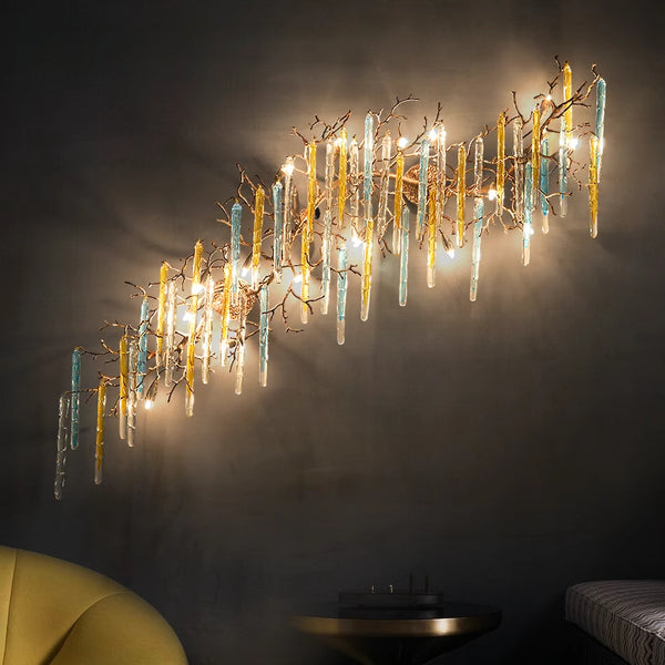 Light luxury staircase wall lamp European bedroom art bedside lamp aisle full copper branches crystal background wall living room wall decoration