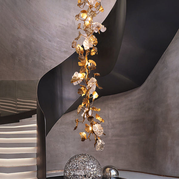 Living room light luxury all copper duplex floor chandelier art plant leaf villa high building middle floor rotating staircase long chandelier