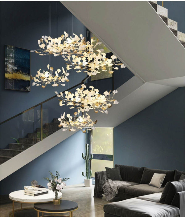 Grand Villa Duplex Designer Art Ginkgo Leaf Chandelier