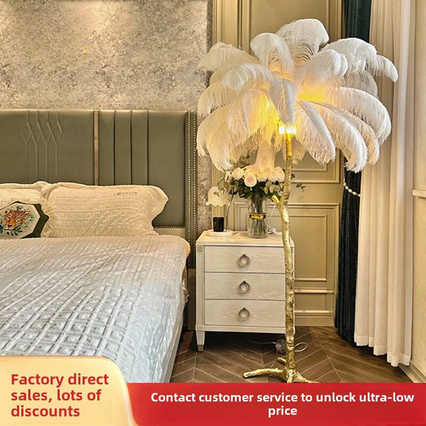 French full copper feather floor lamp living room sofa bedroom princess Internet celebrity premium atmosphere vertical art desk lamp