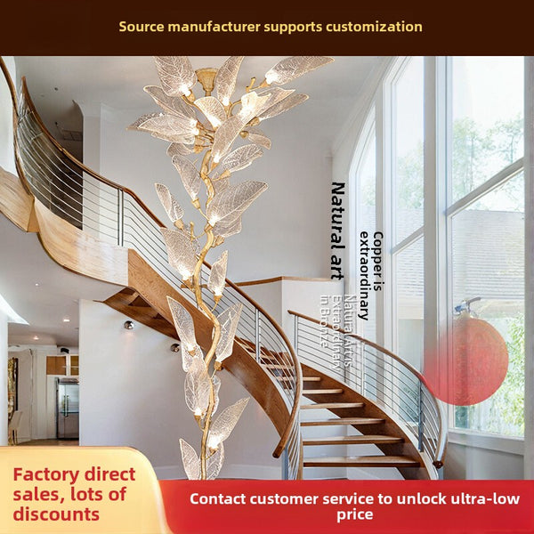 Duplex staircase chandelier villa living room all copper light luxury branch lamp post-modern luxury personalized creative leaf lighting
